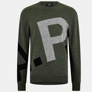A.P.C. WOOL LOGO SWEATER IN KHAKI SIZE SMALL